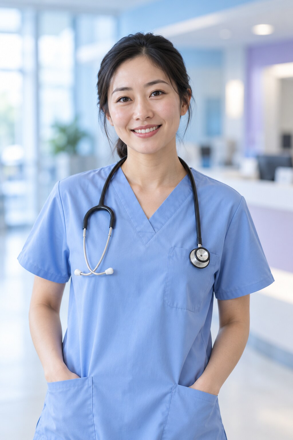 AI-generated illustrative portrait of an East Asian healthcare professional in blue scrubs