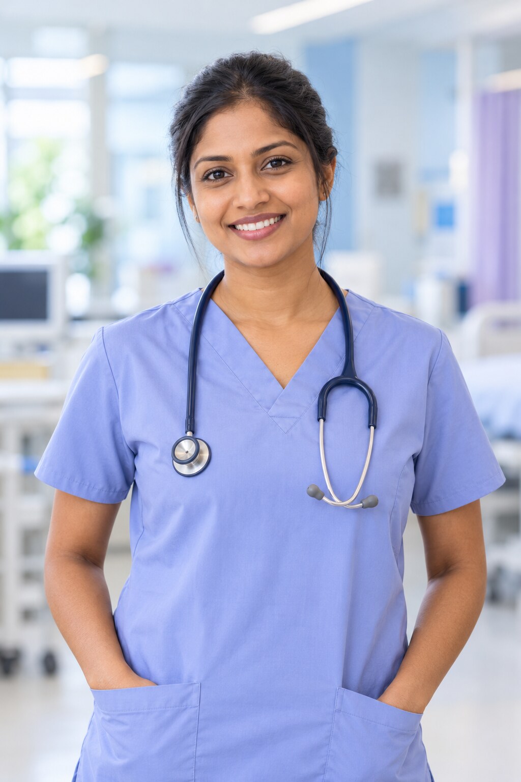 AI-generated illustrative portrait of a Sri Lankan woman healthcare professional in violet-blue scrubs